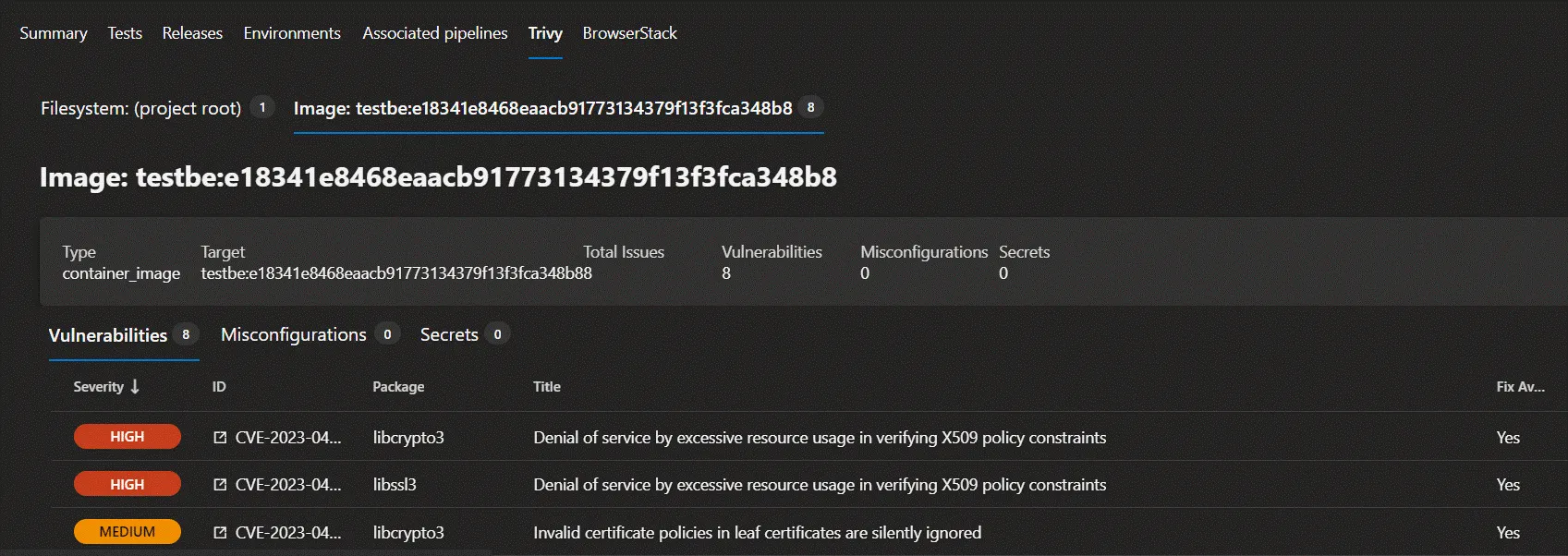 Trivy Azure DevOps Docker image scan output