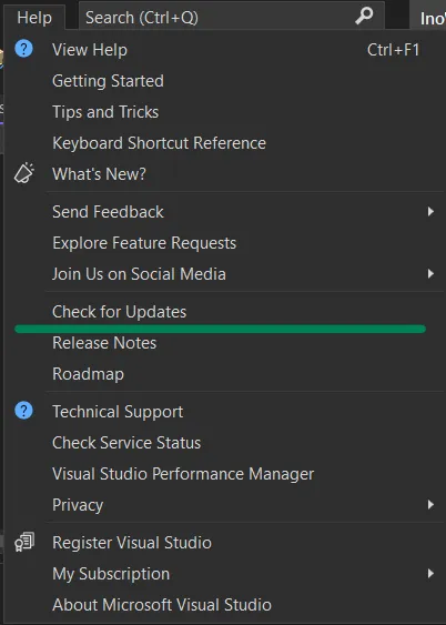 Visual Studio check for updates