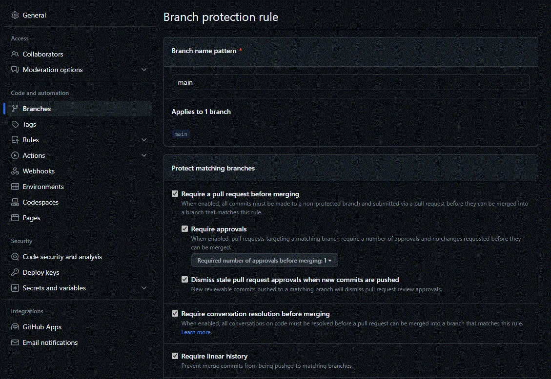 Branch protection rules view