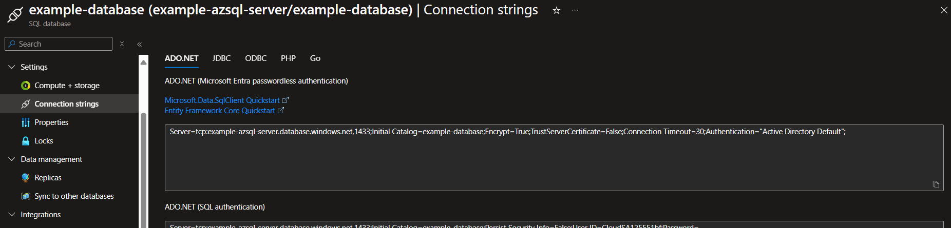 Connection string examples in portal